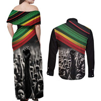 Make His-Herstories Couples Matching Off Shoulder Maxi Dress and Long Sleeve Button Shirt Black Power Hand and Pan-African Flag LT9 - Wonder Print Shop