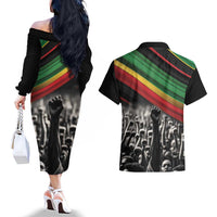 Make His-Herstories Couples Matching Off The Shoulder Long Sleeve Dress and Hawaiian Shirt Black Power Hand and Pan-African Flag LT9 - Wonder Print Shop