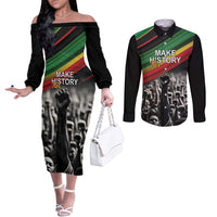 Make His-Herstories Couples Matching Off The Shoulder Long Sleeve Dress and Long Sleeve Button Shirt Black Power Hand and Pan-African Flag