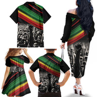 Make His-Herstories Family Matching Off The Shoulder Long Sleeve Dress and Hawaiian Shirt Black Power Hand and Pan-African Flag - Wonder Print Shop