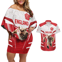 England Rugby Custom Couples Matching Off Shoulder Short Dress and Hawaiian Shirt English Bull Dog Mascot Sporty