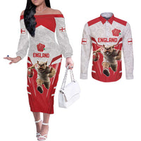 England Rugby Custom Couples Matching Off The Shoulder Long Sleeve Dress and Long Sleeve Button Shirt English Bull Dog Mascot Sporty