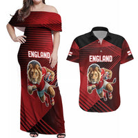 England Rugby Custom Couples Matching Off Shoulder Maxi Dress and Hawaiian Shirt Lion Mascot Sporty