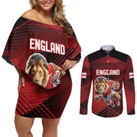 England Rugby Custom Couples Matching Off Shoulder Short Dress and Long Sleeve Button Shirt Lion Mascot Sporty