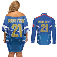 Italy Rugby Custom Couples Matching Off Shoulder Short Dress and Long Sleeve Button Shirt Italian Wolf Mascot Go Gli Azzurri