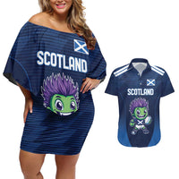 Scotland Rugby Custom Couples Matching Off Shoulder Short Dress and Hawaiian Shirt Thistle Mascot Go Scottish!