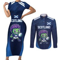 Scotland Rugby Custom Couples Matching Short Sleeve Bodycon Dress and Long Sleeve Button Shirt Thistle Mascot Go Scottish!