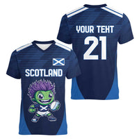 Scotland Rugby Custom Women V-Neck T-Shirt Thistle Mascot Go Scottish!