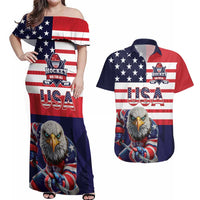 United States Ice Hockey Custom Couples Matching Off Shoulder Maxi Dress and Hawaiian Shirt Team USA One For All