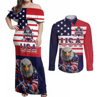 United States Ice Hockey Custom Couples Matching Off Shoulder Maxi Dress and Long Sleeve Button Shirt Team USA One For All