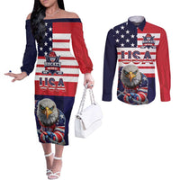 United States Ice Hockey Custom Couples Matching Off The Shoulder Long Sleeve Dress and Long Sleeve Button Shirt Team USA One For All