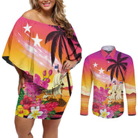 Curacao Football Custom Couples Matching Off Shoulder Short Dress and Long Sleeve Button Shirt Come On La Familia Azul
