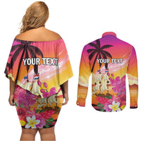 Curacao Football Custom Couples Matching Off Shoulder Short Dress and Long Sleeve Button Shirt Come On La Familia Azul