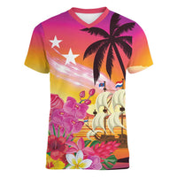 Curacao Football Custom Women V-Neck T-Shirt Come On La Familia Azul