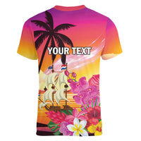 Curacao Football Custom Women V-Neck T-Shirt Come On La Familia Azul