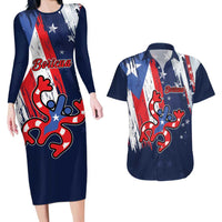 Personalized Puerto Rico American Couples Matching Long Sleeve Bodycon Dress and Hawaiian Shirt Boricua Taino Frog