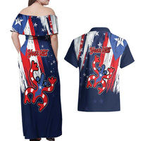 Personalized Puerto Rico American Couples Matching Off Shoulder Maxi Dress and Hawaiian Shirt Boricua Taino Frog