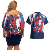 Personalized Puerto Rico American Couples Matching Off Shoulder Short Dress and Hawaiian Shirt Boricua Taino Frog