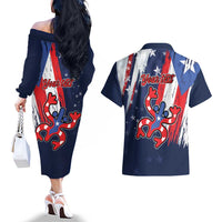 Personalized Puerto Rico American Couples Matching Off The Shoulder Long Sleeve Dress and Hawaiian Shirt Boricua Taino Frog