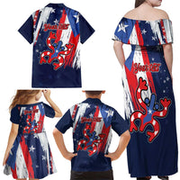 Personalized Puerto Rico American Family Matching Off Shoulder Maxi Dress and Hawaiian Shirt Boricua Taino Frog