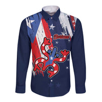 Personalized Puerto Rico American Long Sleeve Button Shirt Boricua Taino Frog
