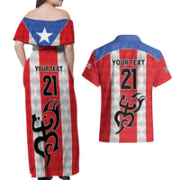 Puerto Rico Football Custom Couples Matching Off Shoulder Maxi Dress and Hawaiian Shirt Come On El Huracan Azul