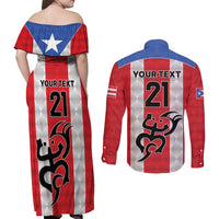 Puerto Rico Football Custom Couples Matching Off Shoulder Maxi Dress and Long Sleeve Button Shirt Come On El Huracan Azul