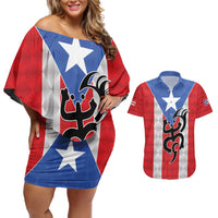 Puerto Rico Football Custom Couples Matching Off Shoulder Short Dress and Hawaiian Shirt Come On El Huracan Azul