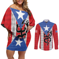 Puerto Rico Football Custom Couples Matching Off Shoulder Short Dress and Long Sleeve Button Shirt Come On El Huracan Azul