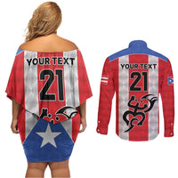 Puerto Rico Football Custom Couples Matching Off Shoulder Short Dress and Long Sleeve Button Shirt Come On El Huracan Azul
