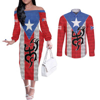 Puerto Rico Football Custom Couples Matching Off The Shoulder Long Sleeve Dress and Long Sleeve Button Shirt Come On El Huracan Azul