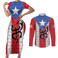 Puerto Rico Football Custom Couples Matching Short Sleeve Bodycon Dress and Long Sleeve Button Shirt Come On El Huracan Azul