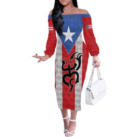 Puerto Rico Football Custom Off The Shoulder Long Sleeve Dress Come On El Huracan Azul