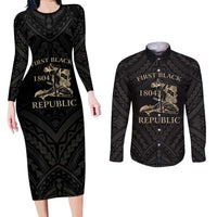 Personalized Haiti First Black Republic Couples Matching Long Sleeve Bodycon Dress and Long Sleeve Button Shirt Negre Marron With Map And Flag