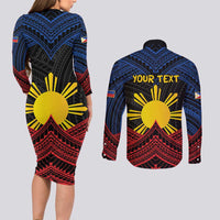 Personalized Philippines Couples Matching Long Sleeve Bodycon Dress and Long Sleeve Button Shirt Polynesian Tribal Tattoo with Filipino Flag Motif