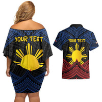 Personalized Philippines Couples Matching Off Shoulder Short Dress and Hawaiian Shirt Polynesian Tribal Tattoo with Filipino Flag Motif