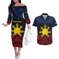 Personalized Philippines Couples Matching Off The Shoulder Long Sleeve Dress and Hawaiian Shirt Polynesian Tribal Tattoo with Filipino Flag Motif