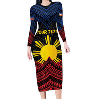 Personalized Philippines Family Matching Long Sleeve Bodycon Dress and Hawaiian Shirt Polynesian Tribal Tattoo with Filipino Flag Motif