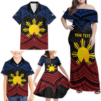 Personalized Philippines Family Matching Off Shoulder Maxi Dress and Hawaiian Shirt Polynesian Tribal Tattoo with Filipino Flag Motif