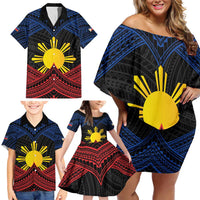 Personalized Philippines Family Matching Off Shoulder Short Dress and Hawaiian Shirt Polynesian Tribal Tattoo with Filipino Flag Motif