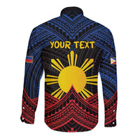 Personalized Philippines Long Sleeve Button Shirt Polynesian Tribal Tattoo with Filipino Flag Motif