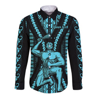 Personalised Aotearoa Father's Day Gift For Dad Long Sleeve Button Shirt Aroha Ahau Ki A Koe Papa - Aqua Maori Style Pattern - Wonder Print Shop