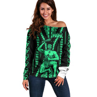Maori Fathers Day New Zealand Off Shoulder Sweater Aroha Ahau Ki A Koe Papa - Green - Wonder Print Shop