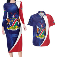 Namibia Cricket Custom Couples Matching Long Sleeve Bodycon Dress and Hawaiian Shirt Coat of arms Namibian Pattern - Wonder Print Shop