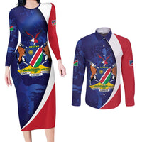 Namibia Cricket Custom Couples Matching Long Sleeve Bodycon Dress and Long Sleeve Button Shirt Coat of arms Namibian Pattern - Wonder Print Shop