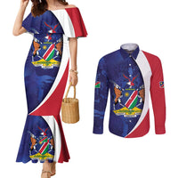 Namibia Cricket Custom Couples Matching Mermaid Dress and Long Sleeve Button Shirt Coat of arms Namibian Pattern - Wonder Print Shop
