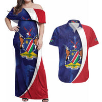 Namibia Cricket Custom Couples Matching Off Shoulder Maxi Dress and Hawaiian Shirt Coat of arms Namibian Pattern - Wonder Print Shop