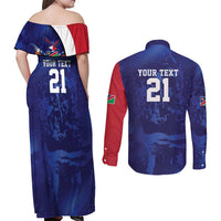 Namibia Cricket Custom Couples Matching Off Shoulder Maxi Dress and Long Sleeve Button Shirt Coat of arms Namibian Pattern - Wonder Print Shop