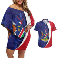Namibia Cricket Custom Couples Matching Off Shoulder Short Dress and Hawaiian Shirt Coat of arms Namibian Pattern - Wonder Print Shop