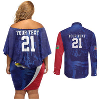 Namibia Cricket Custom Couples Matching Off Shoulder Short Dress and Long Sleeve Button Shirt Coat of arms Namibian Pattern - Wonder Print Shop